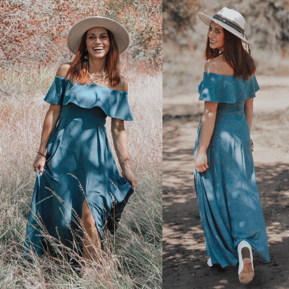 Altar'd State Western Boho Strapless Ruffle teal maxi Dress size small